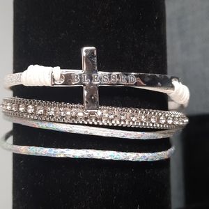 White Leather Silver Cross Religious Engraved Blessed Magnetic Closure Bracelet